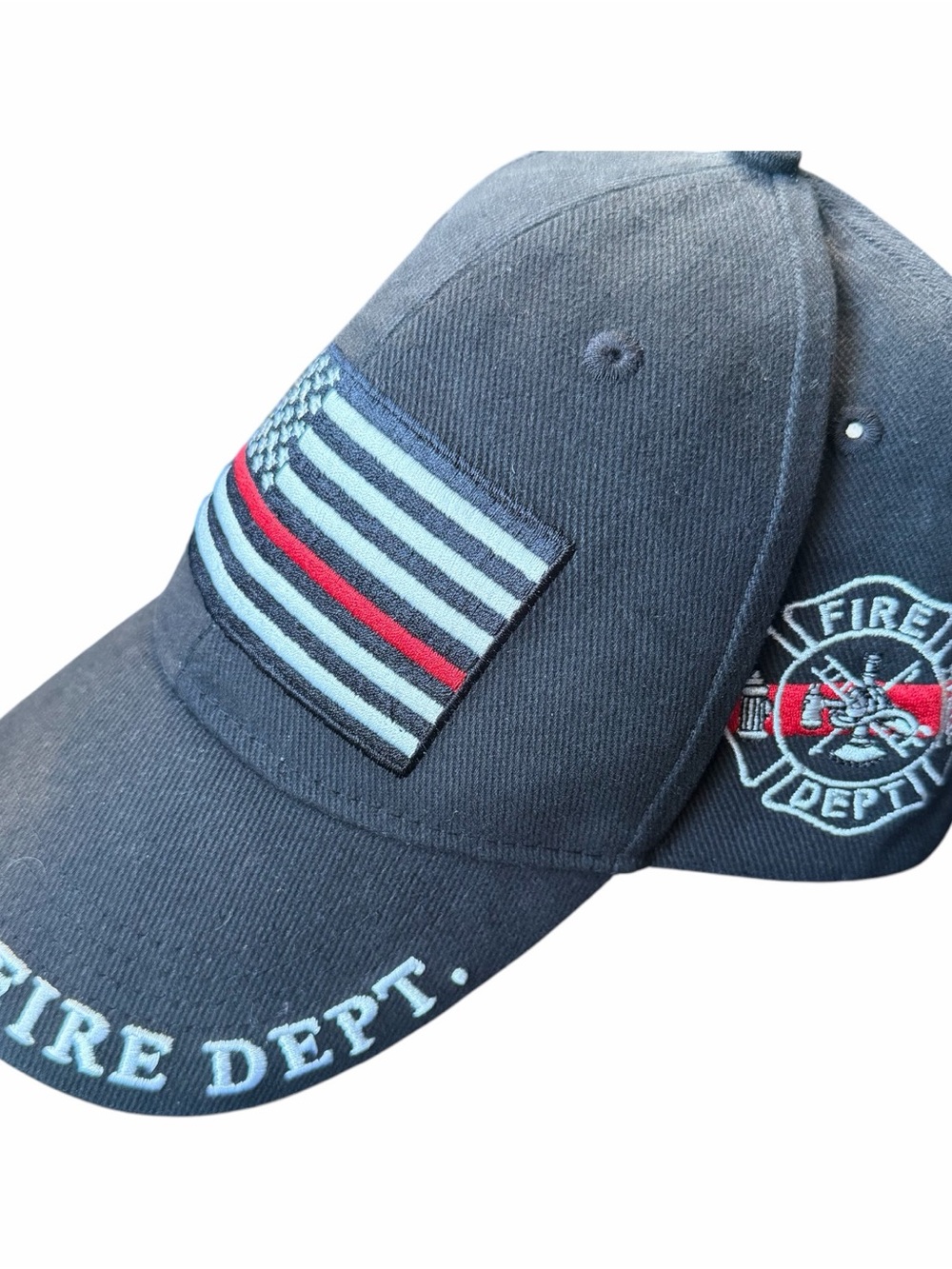 Thin Red Line Fire Dept Ribbon Badge USA Black Embroidered Cotton Twill Cap